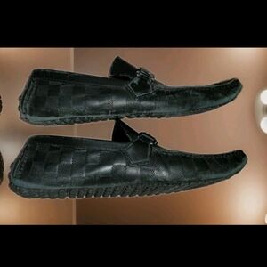 LOUIS VUITTON Black DAMIER HOCKENHEIM LEATHER CHECKERBOARD LOAFER~Sz 7 US Men